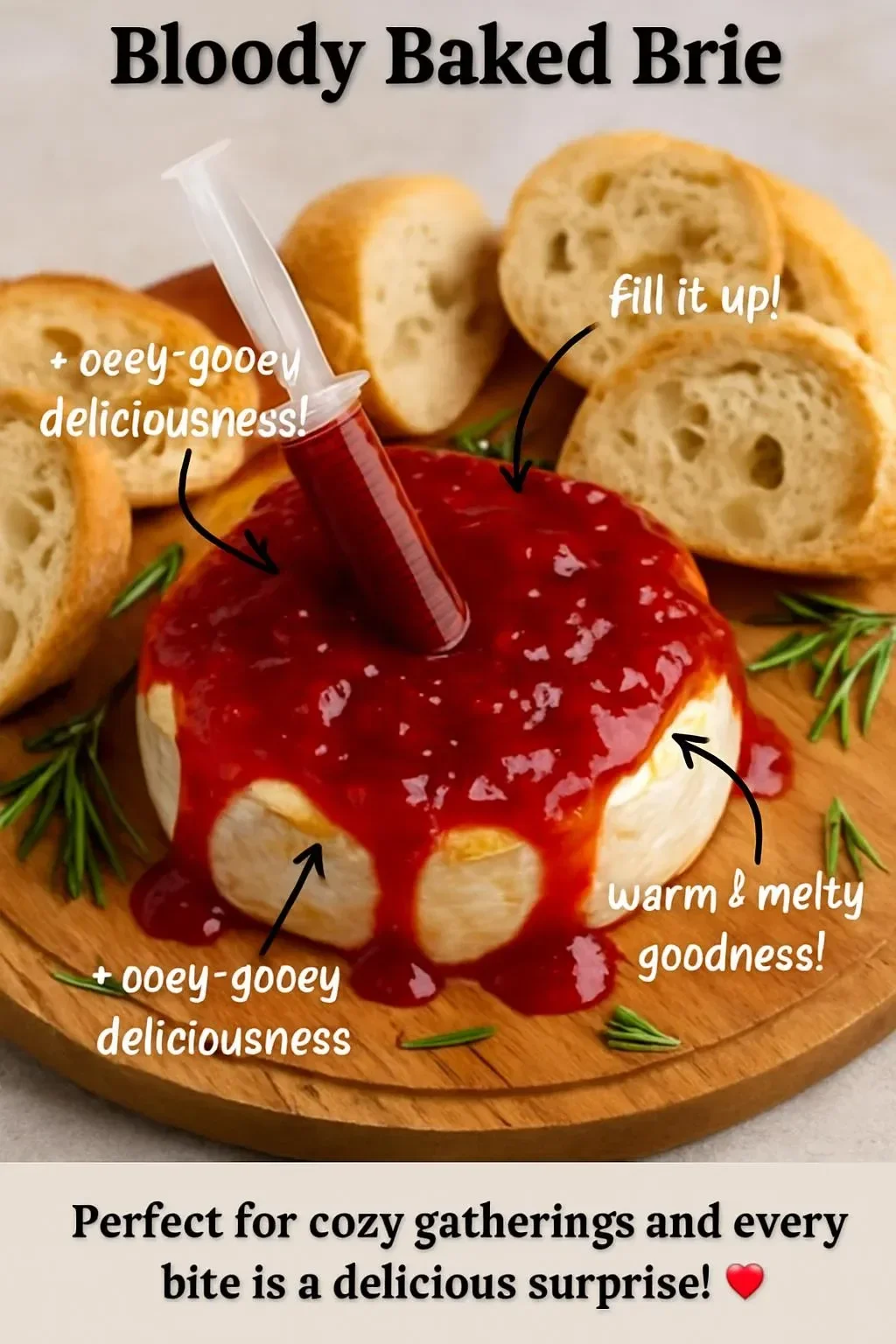 Delicious Bloody Baked Brie topped with cranberry sauce and herbs
