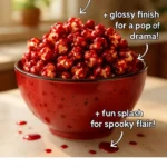 Bloody Red Velvet Popcorn in a decorative bowl, ideal for festive snacks.