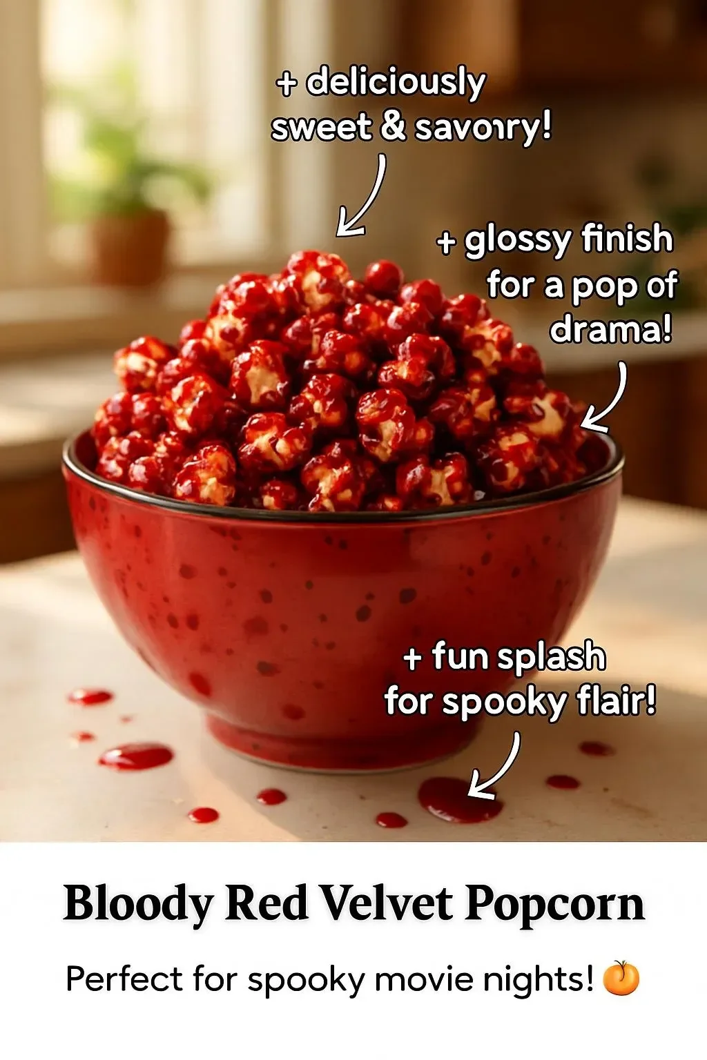 Bloody Red Velvet Popcorn in a decorative bowl, ideal for festive snacks.