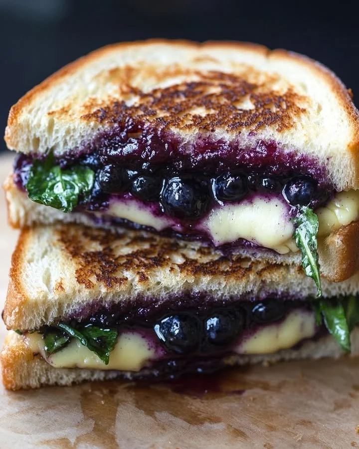Blueberry Balsamic Grilled Cheese Sandwich showcasing melted cheese and blueberries