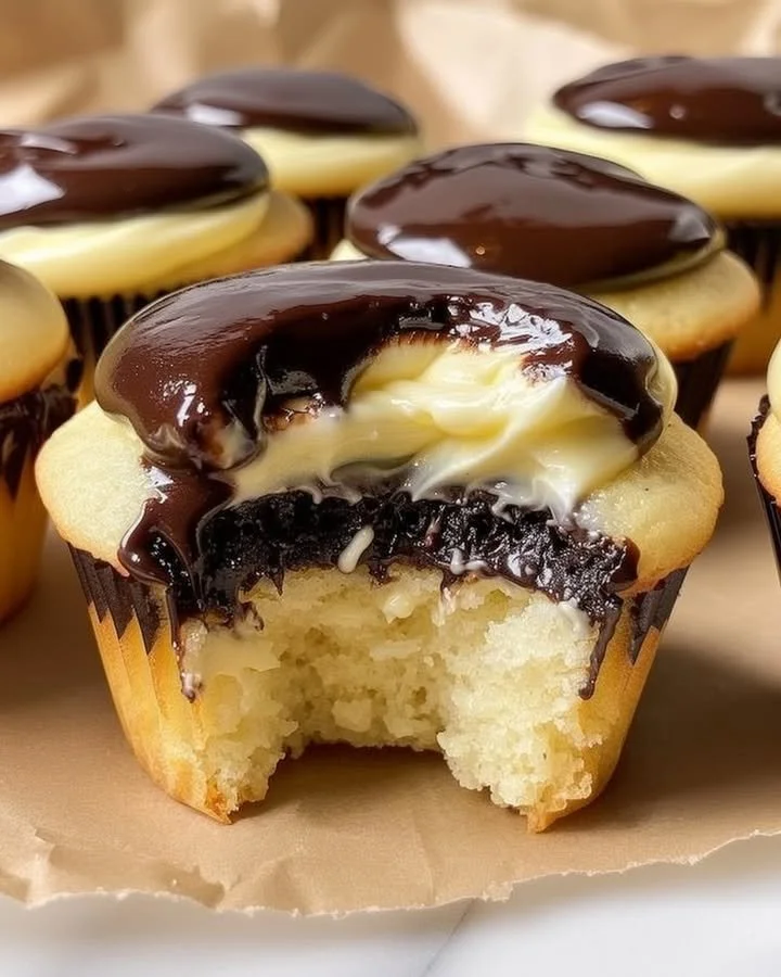 Delicious Boston Cream Cupcakes with chocolate frosting and vanilla custard filling