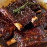 Delicious braised beef short ribs garnished with herbs