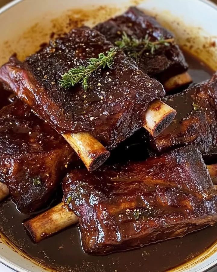 Delicious braised beef short ribs garnished with herbs