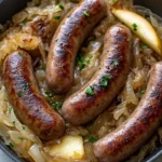Bratwurst served with sauerkraut, apples, and onions on a plate.