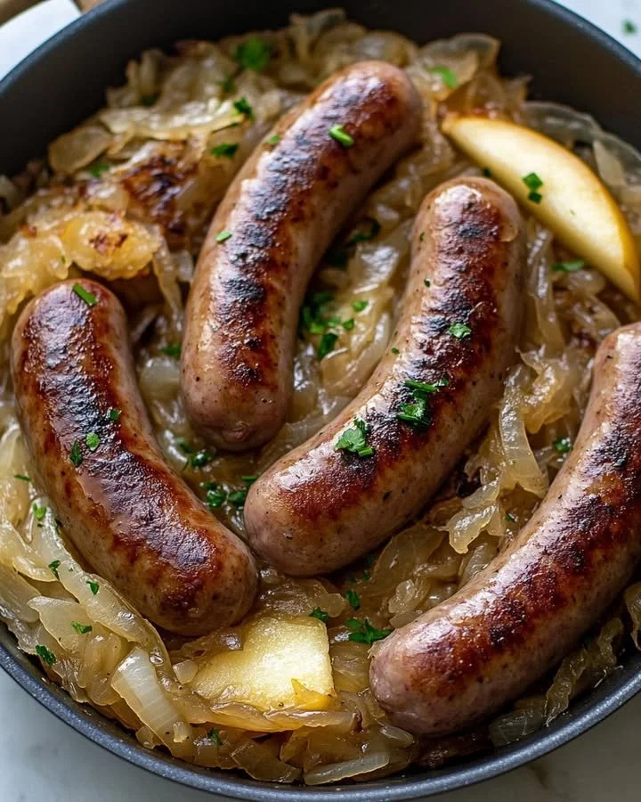Bratwurst served with sauerkraut, apples, and onions on a plate.