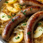 Bratwurst with sauerkraut, apples, and onions served on a plate.