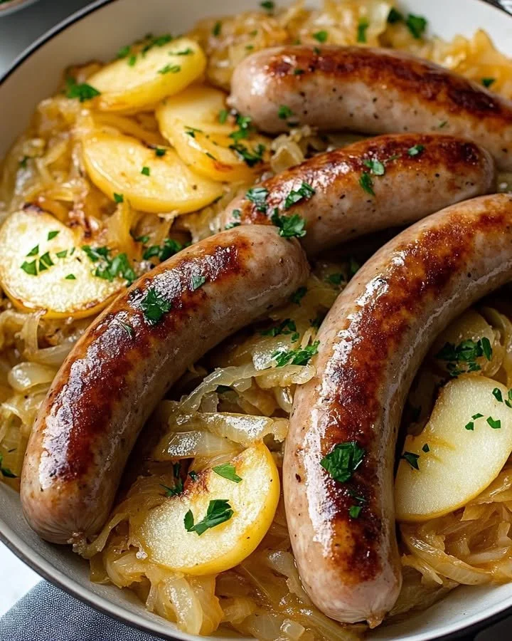 Bratwurst with sauerkraut, apples, and onions served on a plate.