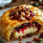 Brie cheese stuffed with cranberries and pecans in puff pastry