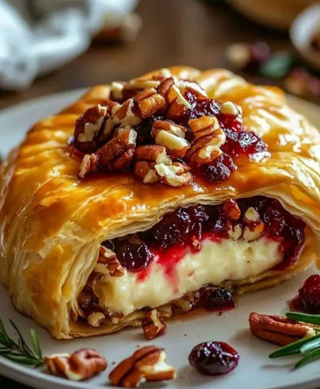Brie cheese stuffed with cranberries and pecans in puff pastry