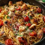 Delicious Bruschetta Chicken Pasta garnished with fresh herbs and tomatoes
