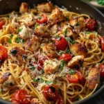 Delicious Bruschetta Chicken Pasta topped with fresh tomatoes and basil.