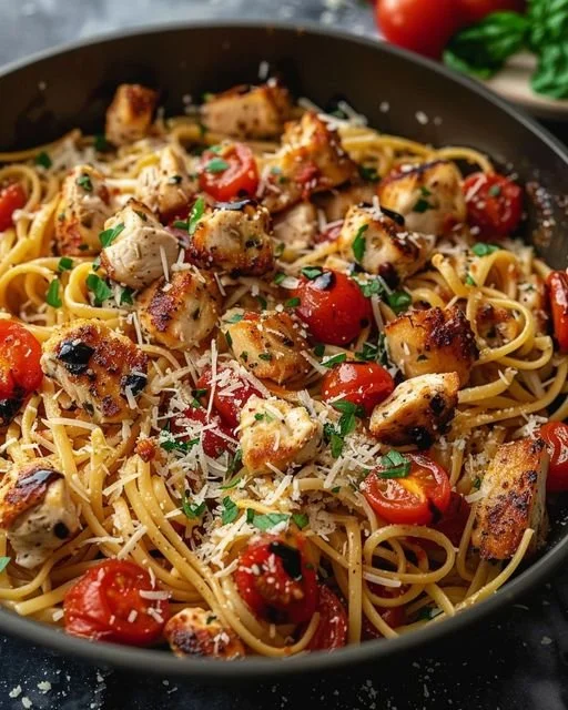 Delicious Bruschetta Chicken Pasta topped with fresh tomatoes and basil.