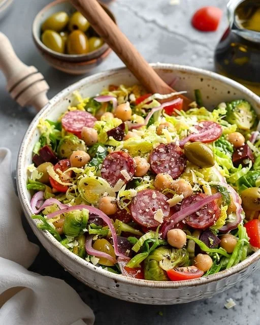 Brussels and Salami Italian Salad with fresh ingredients