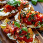 Delicious Burrata Bruschetta with fresh tomatoes and basil on toasted bread.