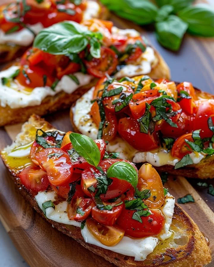 Delicious Burrata Bruschetta with fresh tomatoes and basil on toasted bread.