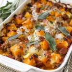 Delicious butternut squash and apple casserole topped with sausage