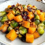 Roasted butternut squash and Brussels sprouts served in a dish.