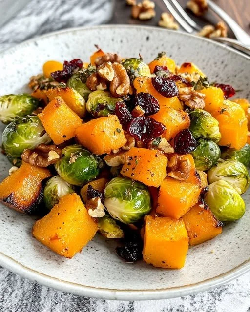 Roasted butternut squash and Brussels sprouts served in a dish.
