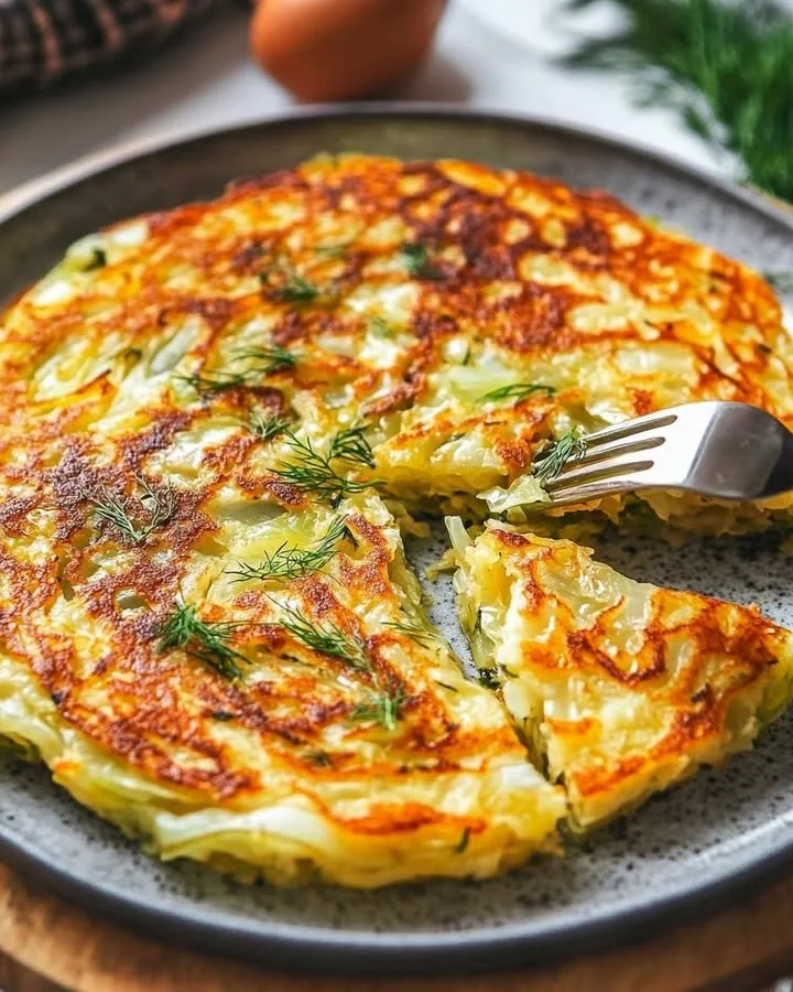 Delicious cabbage pancake served on a plate with dipping sauce