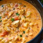 Bowl of Cajun Chicken Pasta Soup with colorful vegetables and spices
