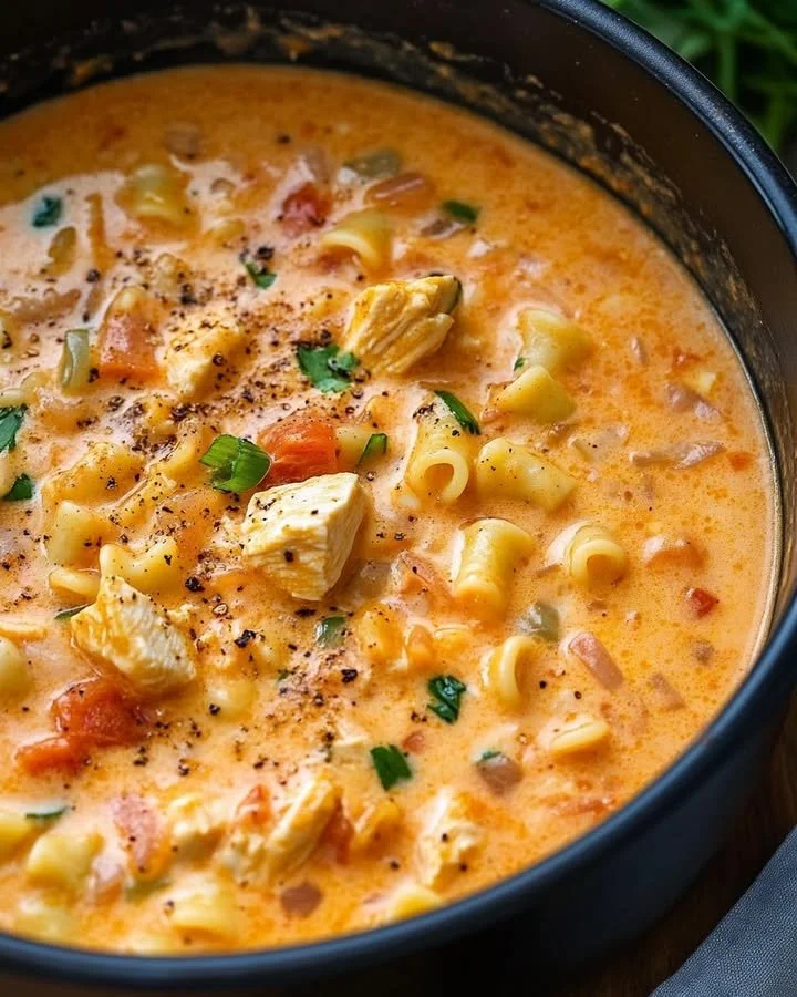 Bowl of Cajun Chicken Pasta Soup with colorful vegetables and spices