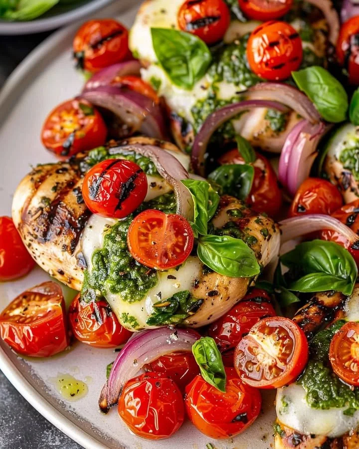 Caprese Grilled Chicken topped with fresh mozzarella, tomatoes, and basil