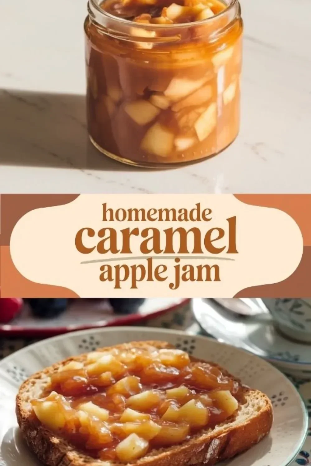 Jar of homemade Caramel Apple Jam on a wooden table