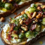 Caramelized Brussels Sprouts Toast with toppings on a rustic plate