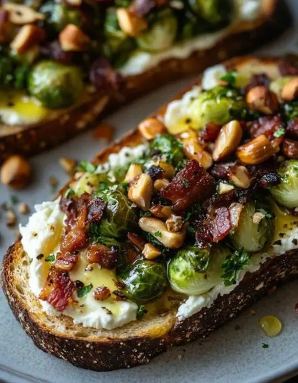 Caramelized Brussels Sprouts Toast with toppings on a rustic plate