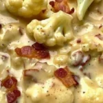 Cauliflower Bacon Gratin with melted cheese and crispy bacon on top.
