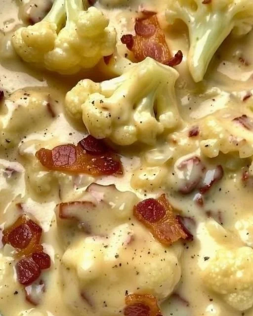Cauliflower Bacon Gratin with melted cheese and crispy bacon on top.