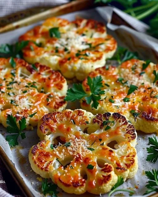 Cauliflower Parmesan steaks plated with herbs and cheese