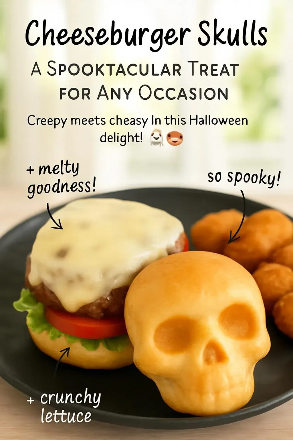 Spooky cheeseburger skulls crafted for Halloween or festive events.