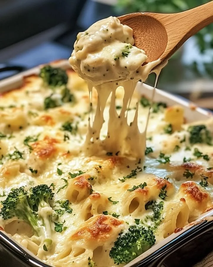 Delicious cheesy baked chicken with broccoli Alfredo pasta served on a plate.