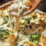 Cheesy baked chicken with broccoli Alfredo pasta in a creamy sauce