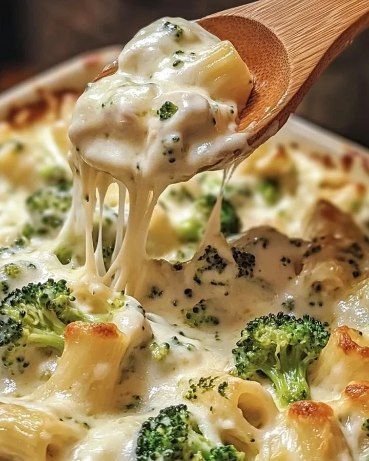 Cheesy baked chicken with broccoli Alfredo pasta in a creamy sauce