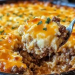 Cheesy Beef and Rice Bake served on a plate with fresh herbs