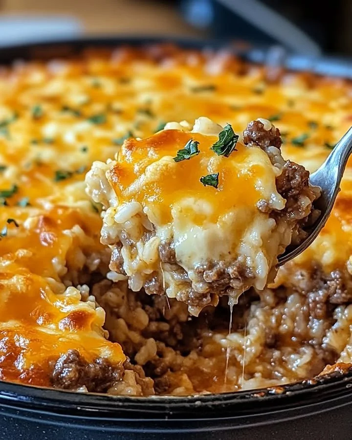 Cheesy Beef and Rice Bake served on a plate with fresh herbs
