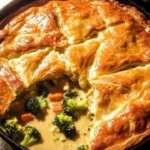 Cheesy chicken and broccoli pot pie with puff pastry crust, delicious comfort food.