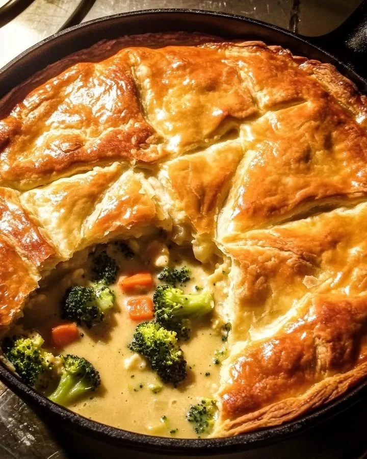 Cheesy chicken and broccoli pot pie with puff pastry crust, delicious comfort food.