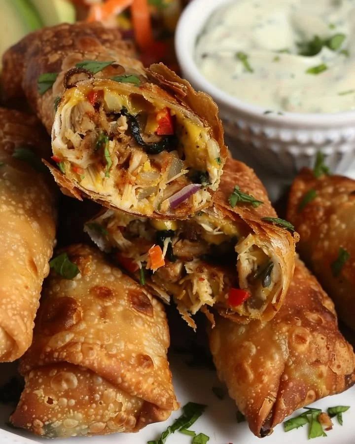 Cheesy chicken and veggie stuffed egg rolls served with avocado ranch dip.