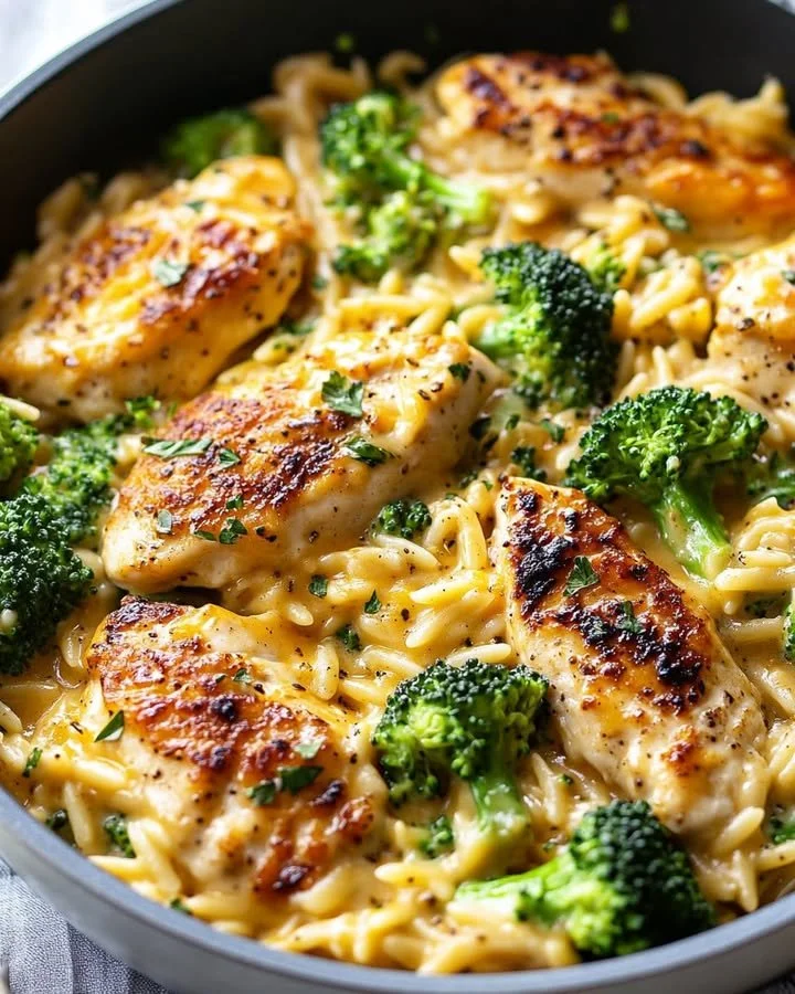 Cheesy Chicken Orzo with Broccoli in a bowl, garnished and ready to serve.