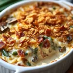 Cheesy green bean bacon casserole served in a baking dish with crispy topping