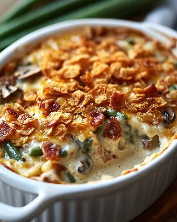 Cheesy green bean bacon casserole served in a baking dish with crispy topping