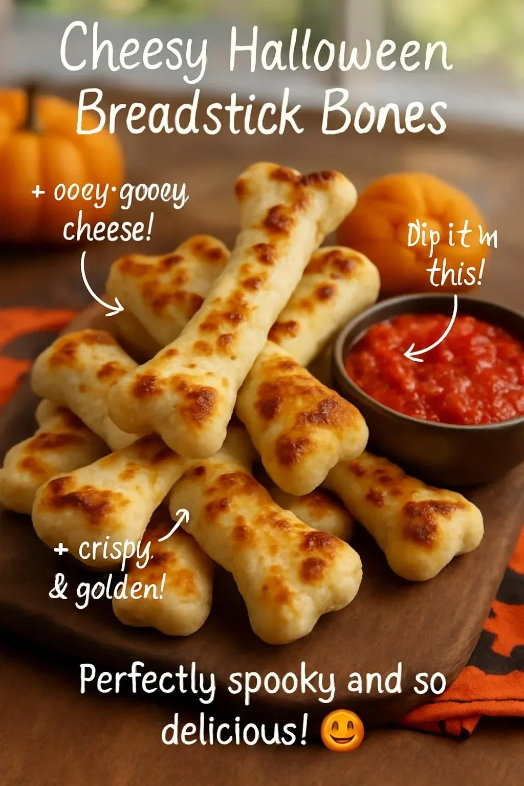 Cheesy Halloween breadstick bones arranged on a spooky serving platter.