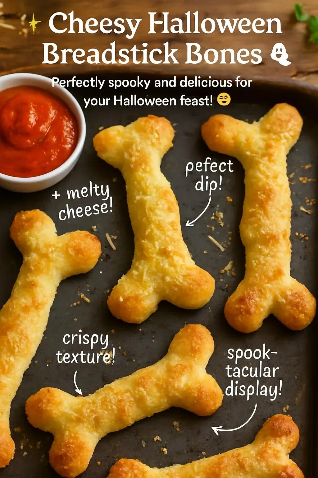 Cheesy Halloween breadstick bones shaped like spooky skeletons