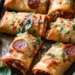 Cheesy pepperoni pizza egg rolls served with dipping sauce on a plate.