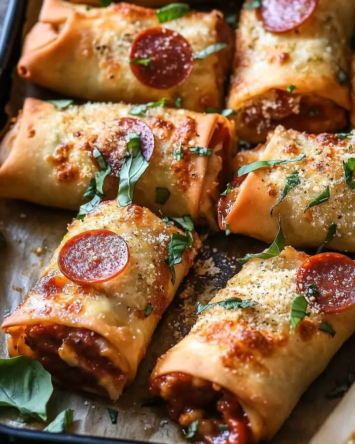 Cheesy pepperoni pizza egg rolls served with dipping sauce on a plate.
