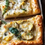 Cheesy puff pastry with artichokes and herbs ready to serve.