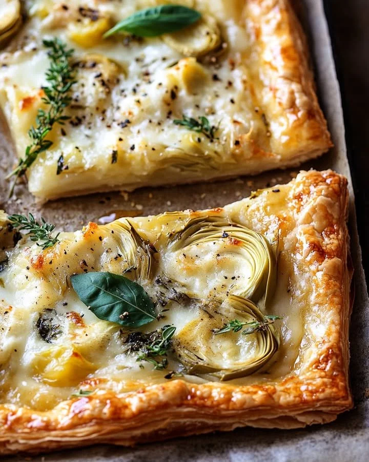Cheesy puff pastry with artichokes and herbs ready to serve.